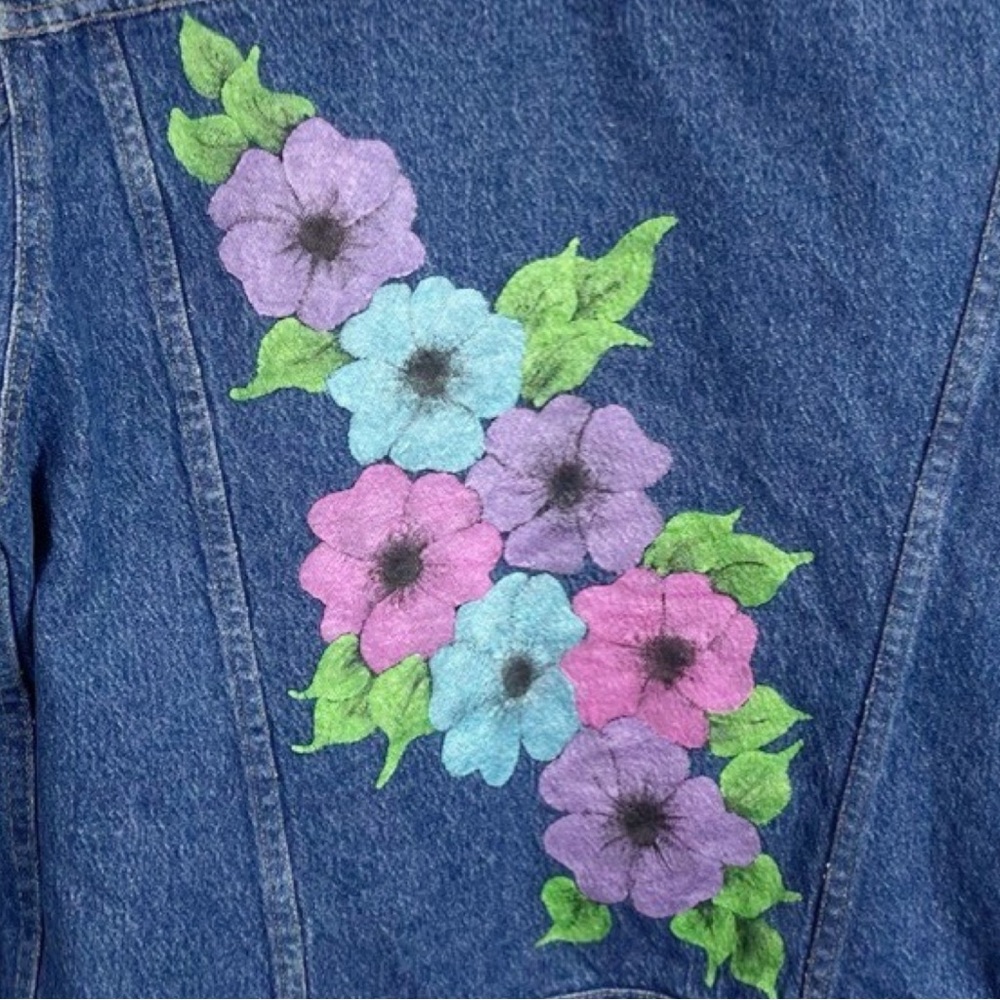 Y2K Vintage  Denim Trucker Jacket S Blue Hand Painted USA - Picture 3 of 10
